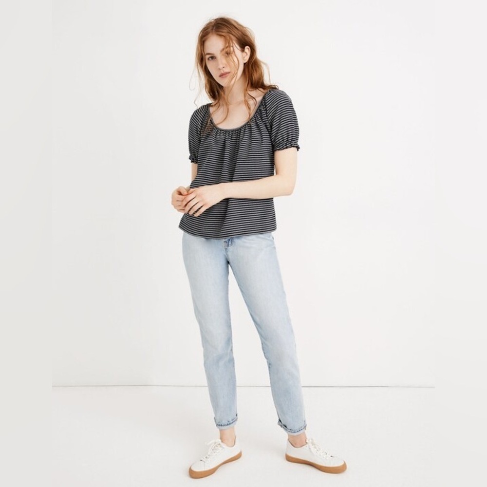 Madewell Texture & Thread Peasant Top in Stripe Navy Blue White